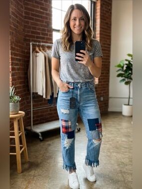 Umgee Light Blue Distressed Patchwork Men’s Jeans with Navy & Red Accents